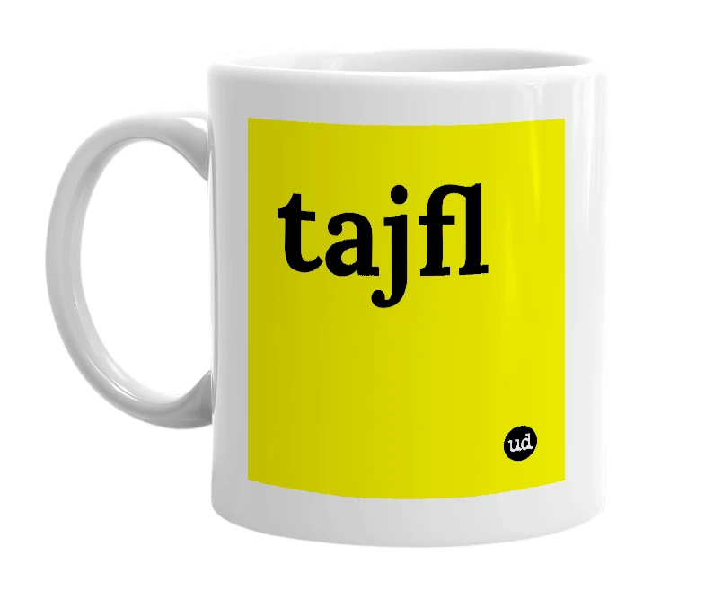 White mug with 'tajfl' in bold black letters