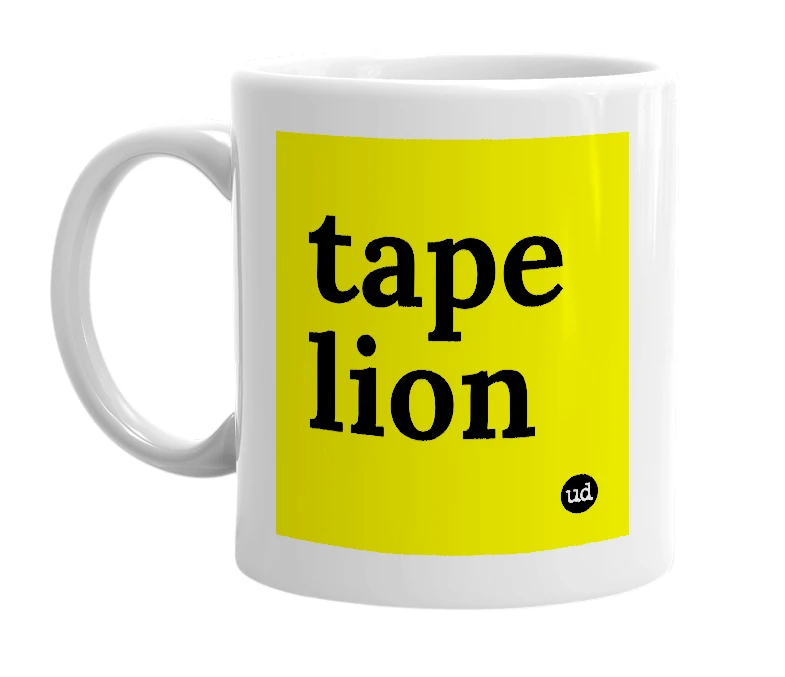 White mug with 'tape lion' in bold black letters