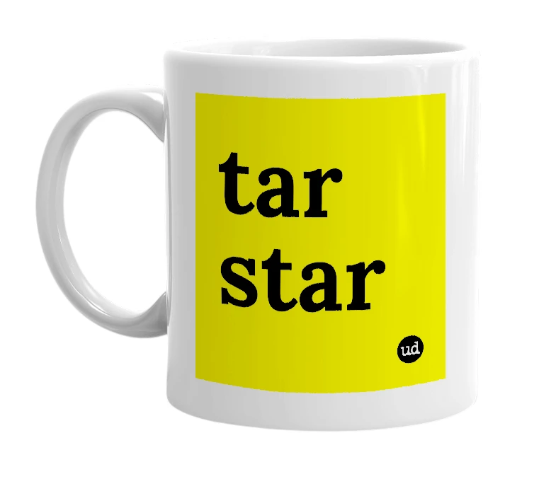White mug with 'tar star' in bold black letters