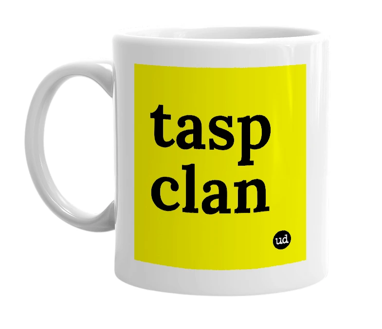 White mug with 'tasp clan' in bold black letters