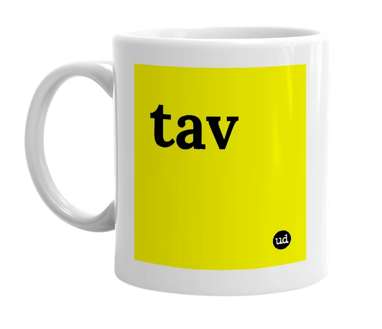 White mug with 'tav' in bold black letters