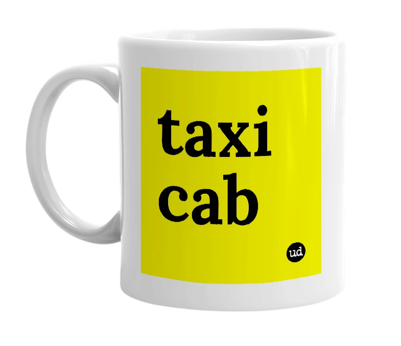 White mug with 'taxi cab' in bold black letters