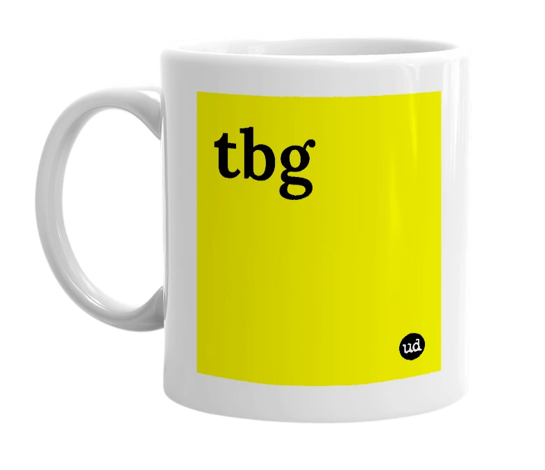 White mug with 'tbg' in bold black letters