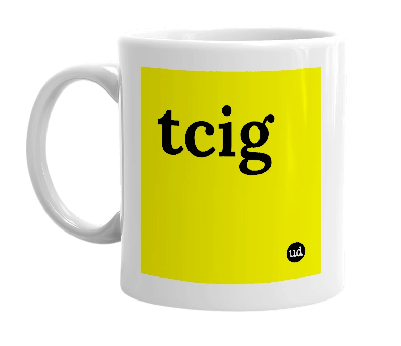 White mug with 'tcig' in bold black letters