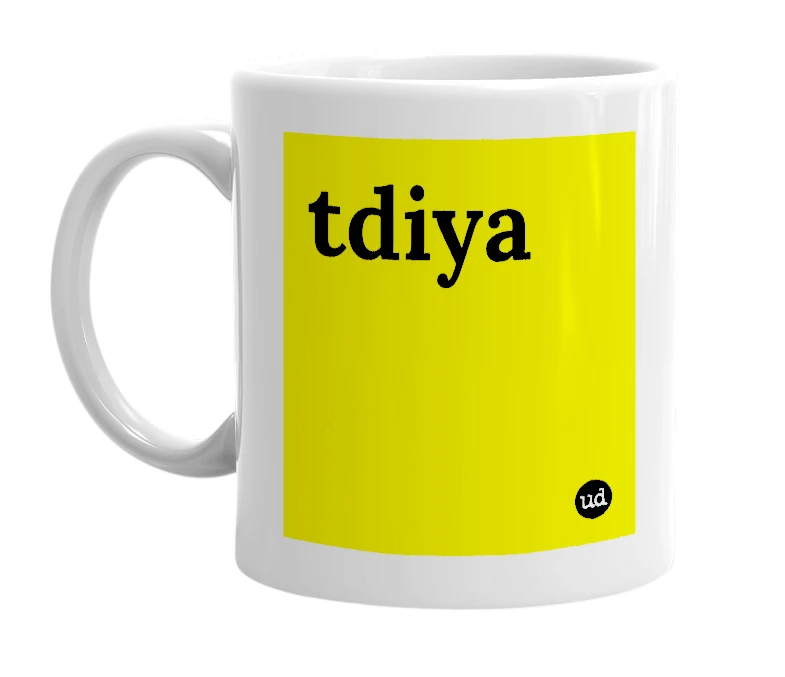 White mug with 'tdiya' in bold black letters