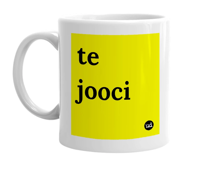 White mug with 'te jooci' in bold black letters