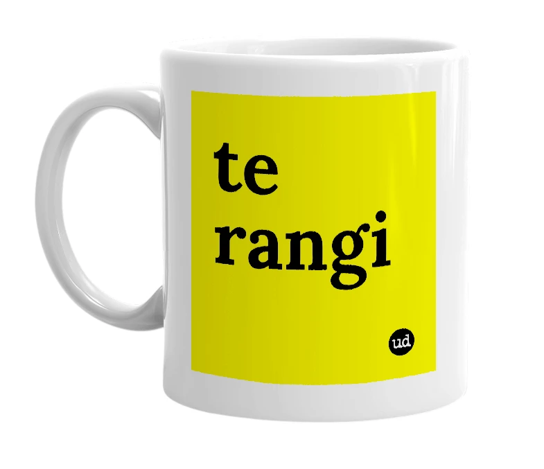 White mug with 'te rangi' in bold black letters