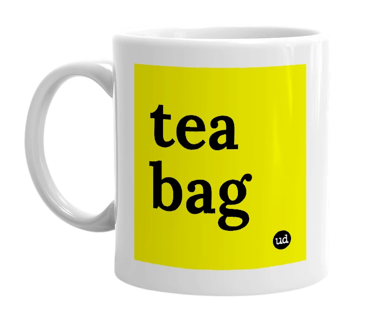 White mug with 'tea bag' in bold black letters