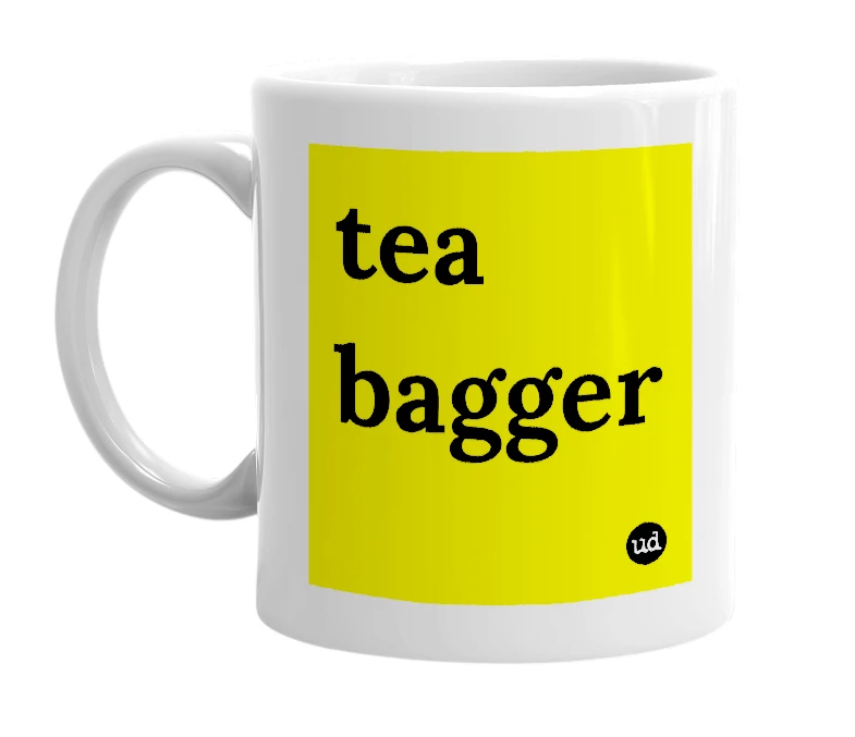 White mug with 'tea bagger' in bold black letters