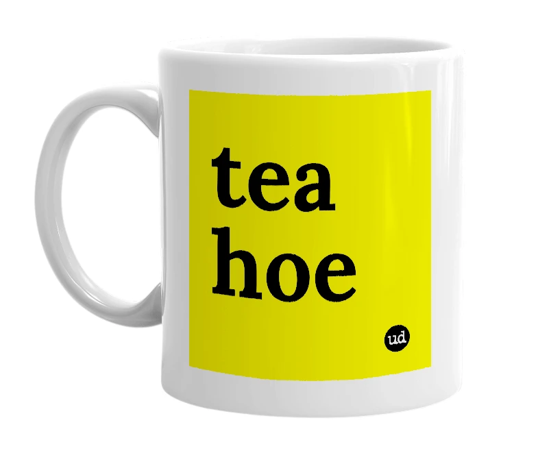 White mug with 'tea hoe' in bold black letters