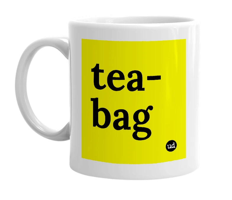 White mug with 'tea-bag' in bold black letters