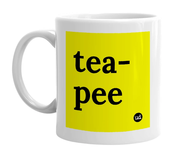 White mug with 'tea-pee' in bold black letters