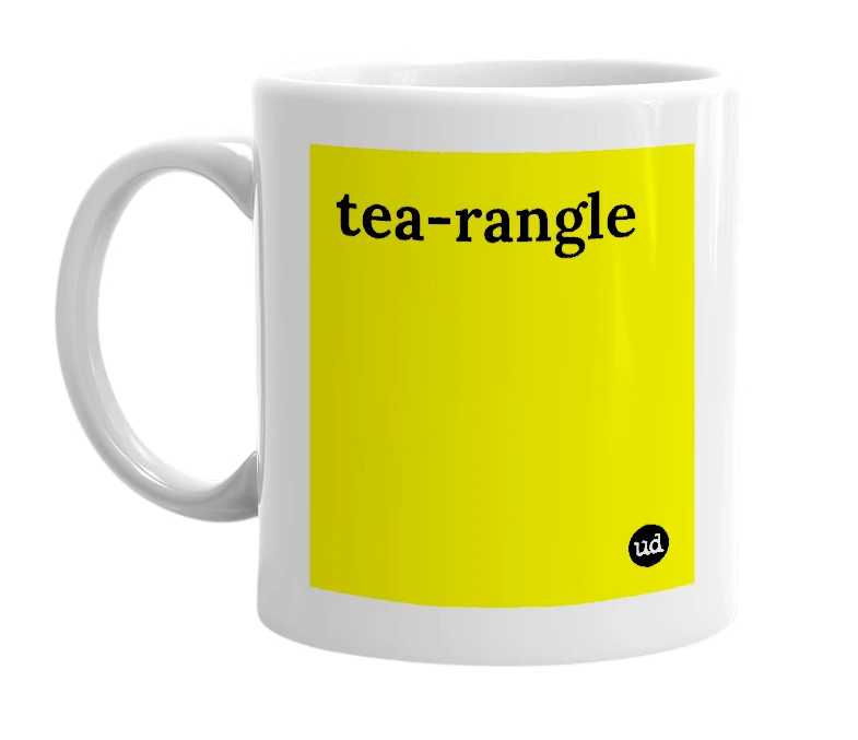White mug with 'tea-rangle' in bold black letters