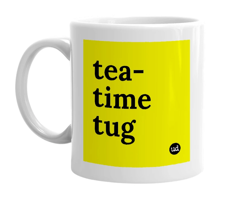 White mug with 'tea-time tug' in bold black letters