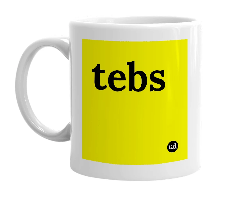 White mug with 'tebs' in bold black letters