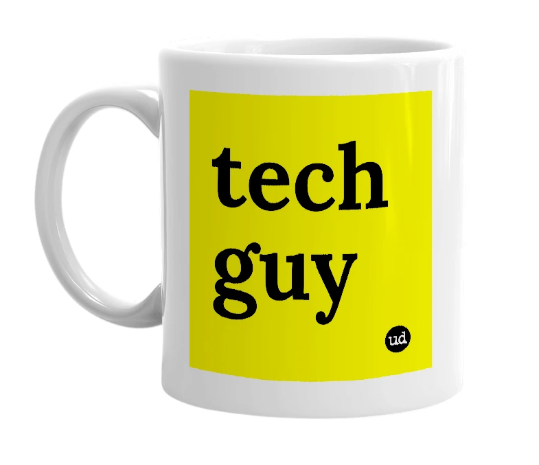 White mug with 'tech guy' in bold black letters