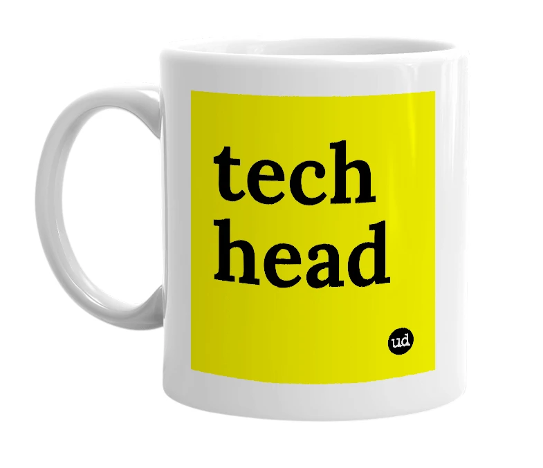 White mug with 'tech head' in bold black letters