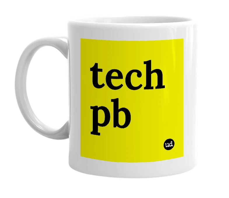 White mug with 'tech pb' in bold black letters