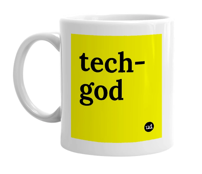 White mug with 'tech-god' in bold black letters