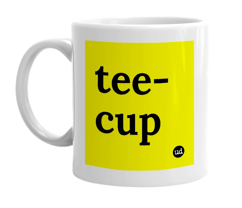 White mug with 'tee-cup' in bold black letters