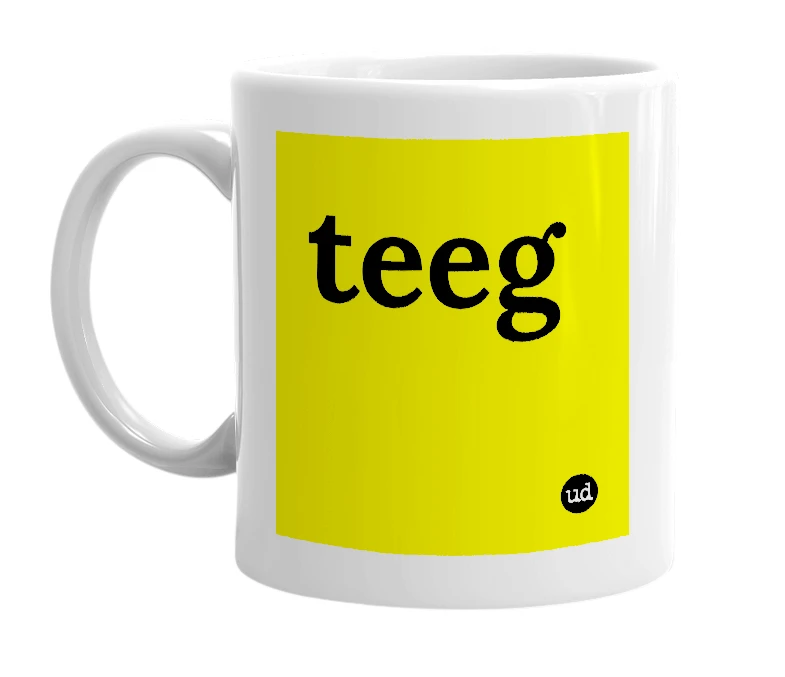 White mug with 'teeg' in bold black letters