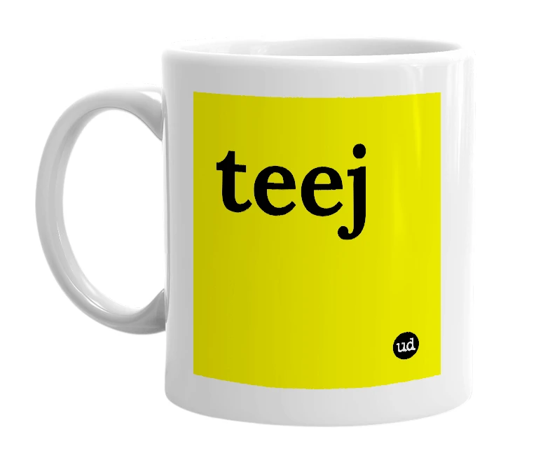 White mug with 'teej' in bold black letters