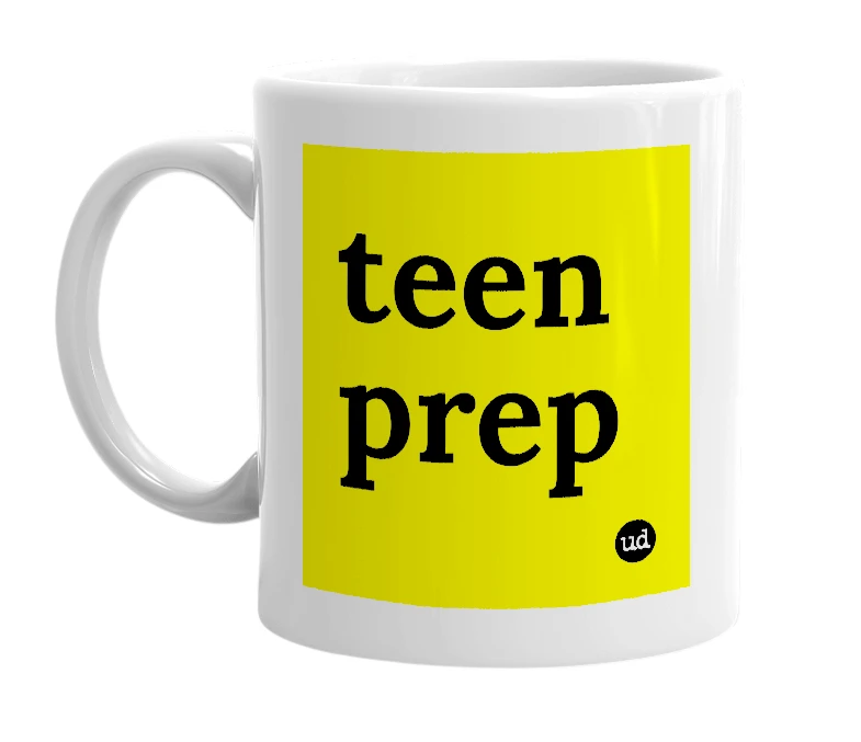 White mug with 'teen prep' in bold black letters