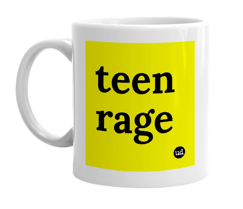 White mug with 'teen rage' in bold black letters