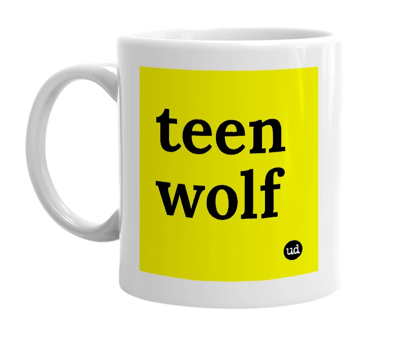 White mug with 'teen wolf' in bold black letters