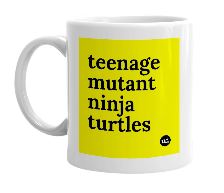 White mug with 'teenage mutant ninja turtles' in bold black letters