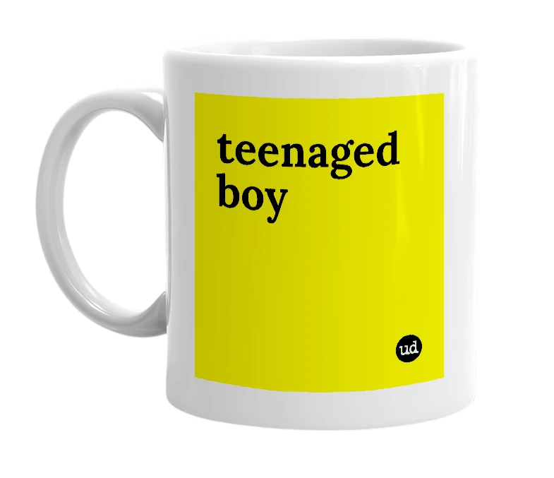 White mug with 'teenaged boy' in bold black letters