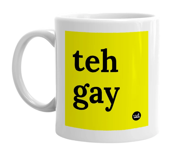 White mug with 'teh gay' in bold black letters