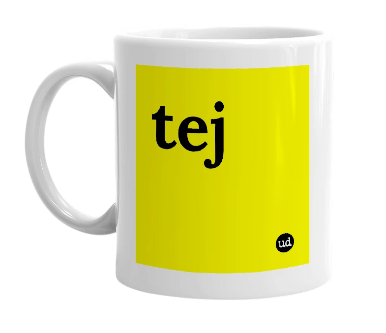 White mug with 'tej' in bold black letters
