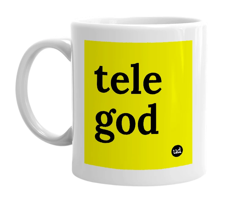 White mug with 'tele god' in bold black letters