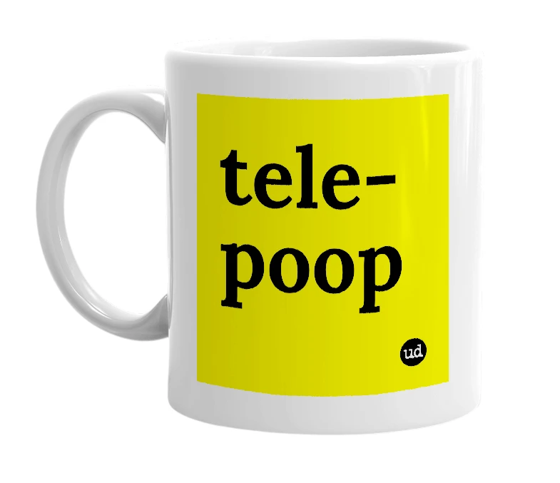 White mug with 'tele-poop' in bold black letters