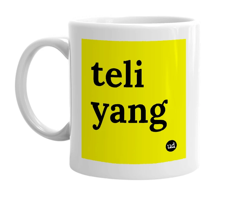 White mug with 'teli yang' in bold black letters