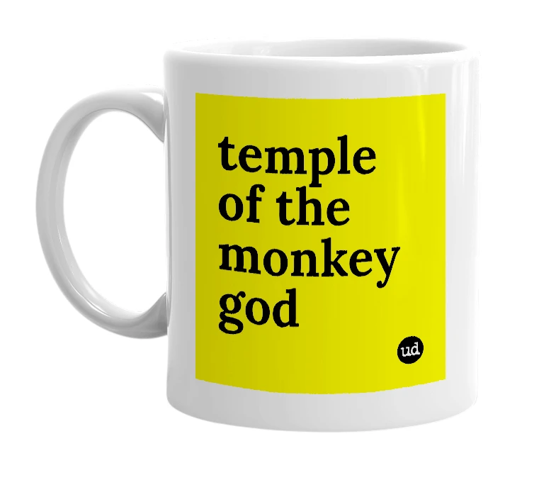 White mug with 'temple of the monkey god' in bold black letters