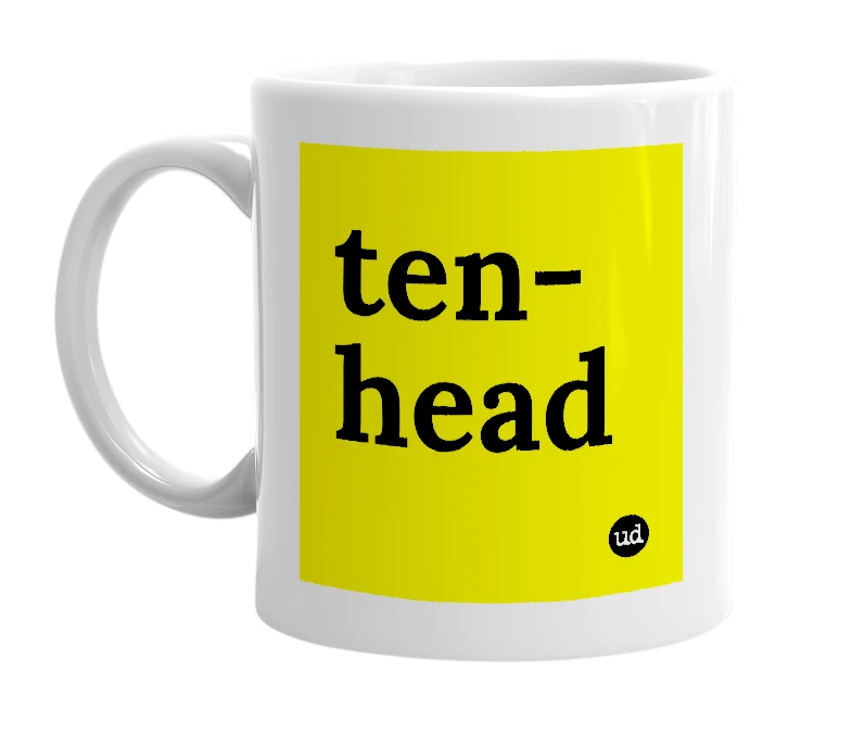 White mug with 'ten-head' in bold black letters