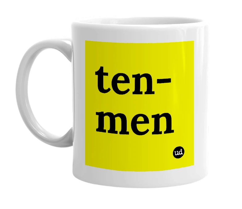 White mug with 'ten-men' in bold black letters