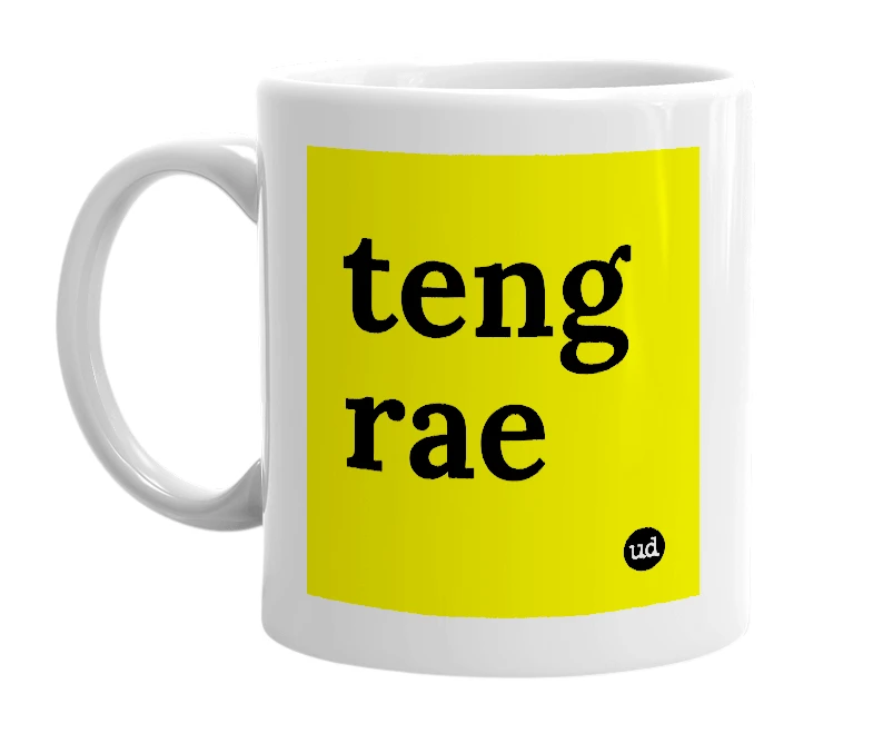 White mug with 'teng rae' in bold black letters