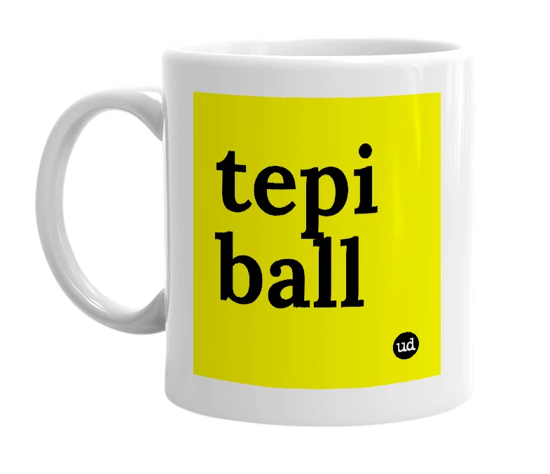 White mug with 'tepi ball' in bold black letters