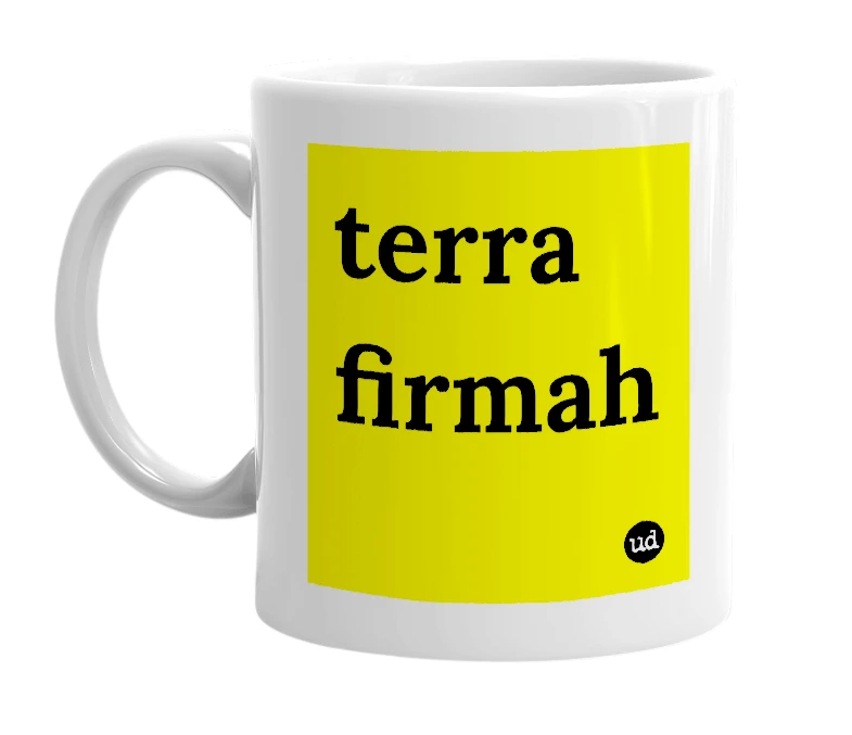 White mug with 'terra firmah' in bold black letters
