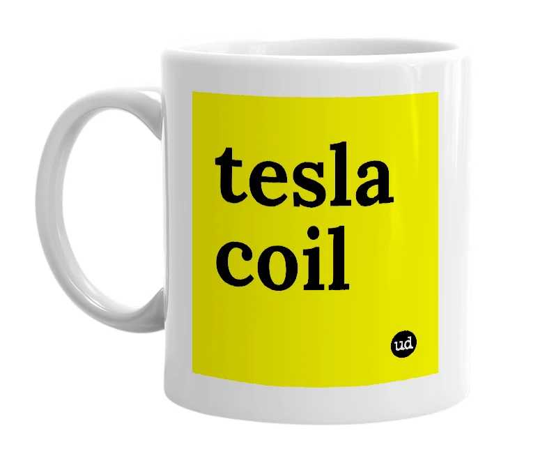 White mug with 'tesla coil' in bold black letters