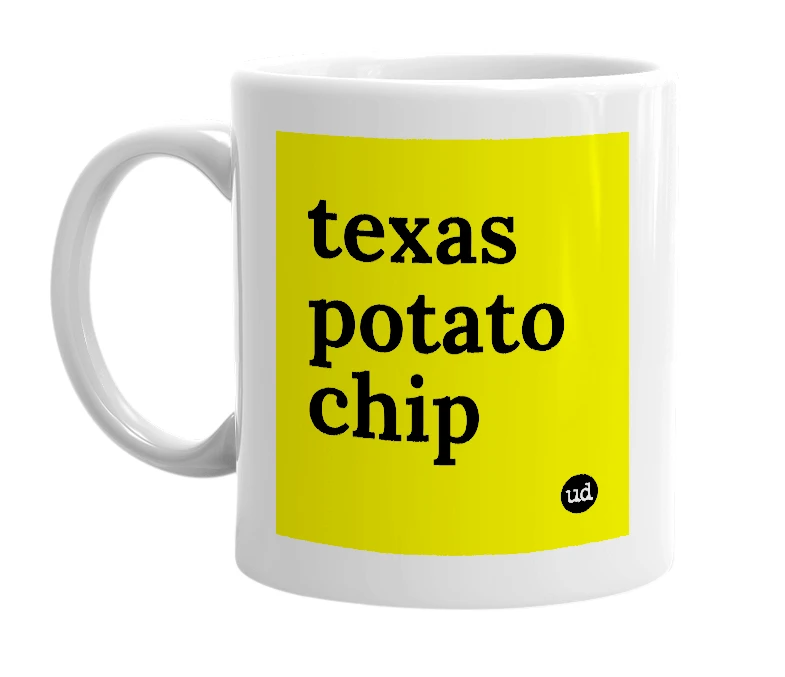 White mug with 'texas potato chip' in bold black letters