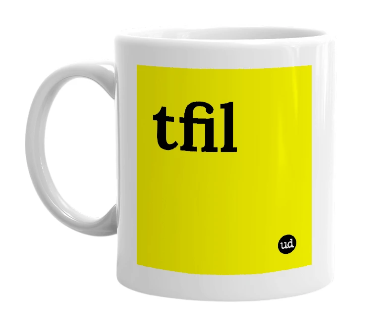 White mug with 'tfil' in bold black letters