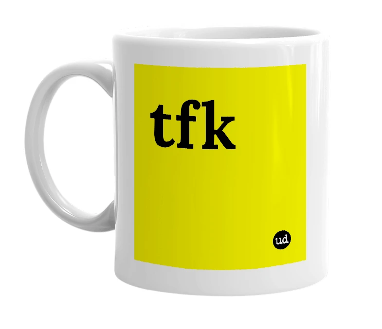 White mug with 'tfk' in bold black letters