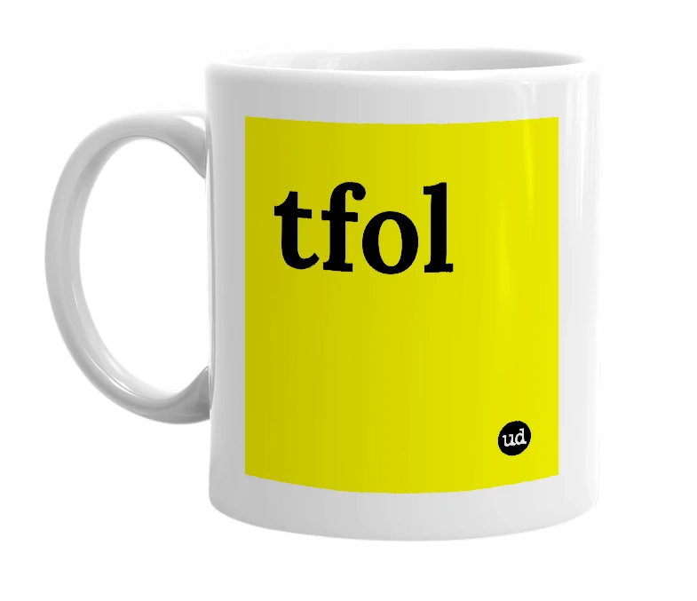 White mug with 'tfol' in bold black letters