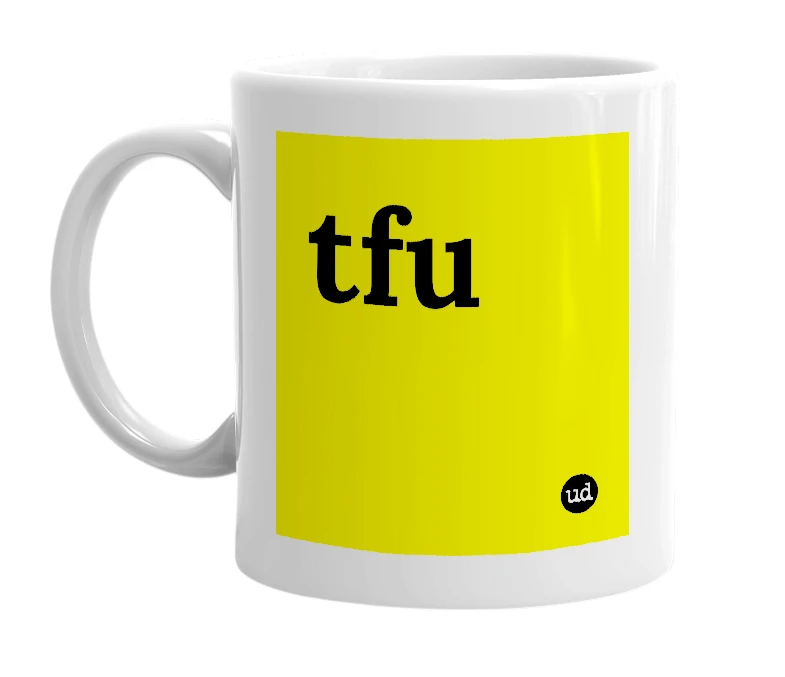 White mug with 'tfu' in bold black letters