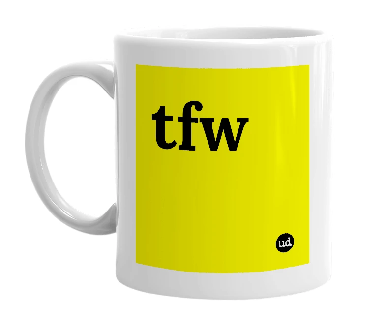 White mug with 'tfw' in bold black letters