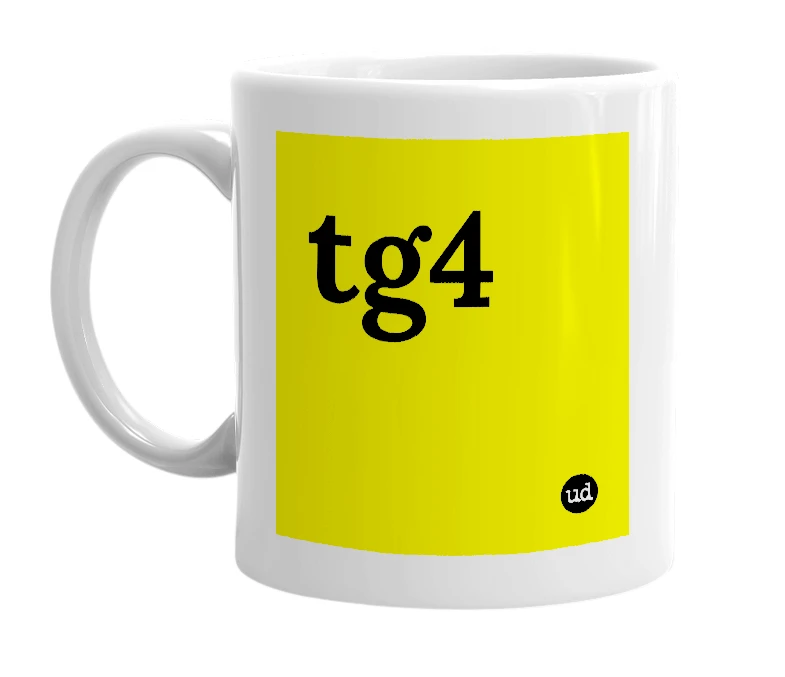 White mug with 'tg4' in bold black letters